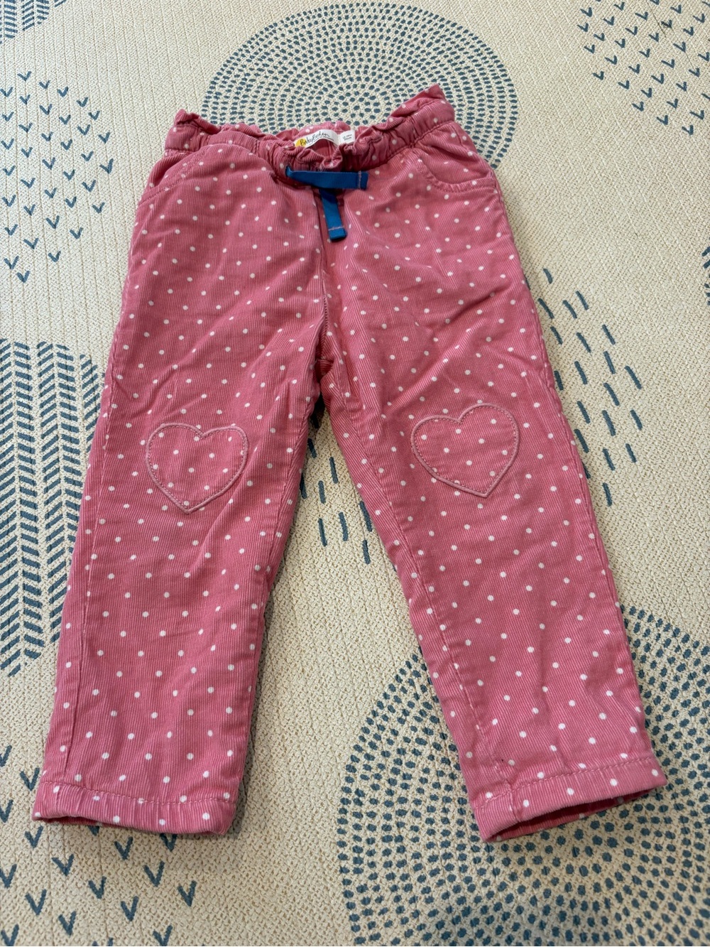 Baby Boden Rose Pink Polka Dot Heart-Knee Cord Lined Pants